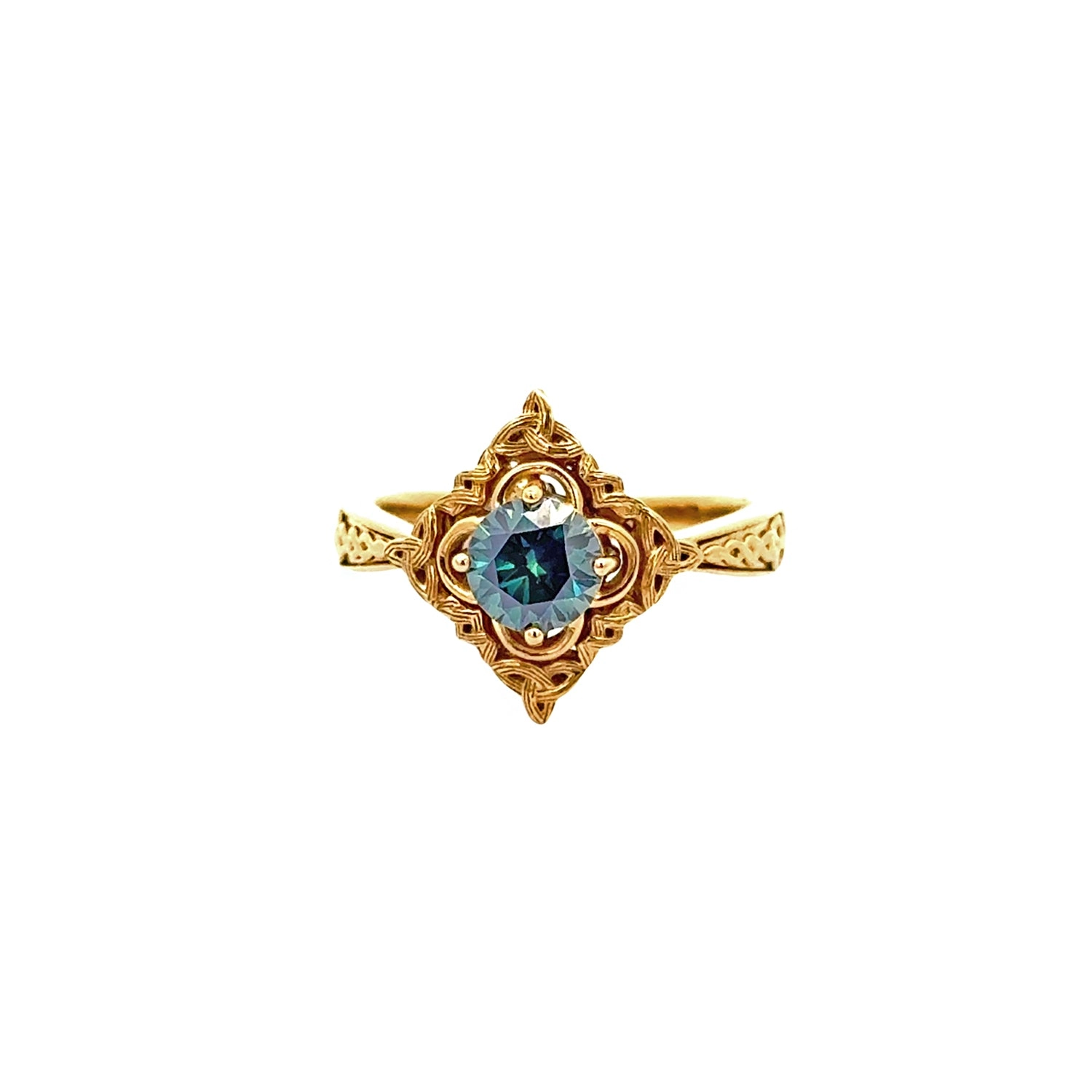 10k Yellow Gold and 1ct Mystic Blue Moissanite Celestial Ring