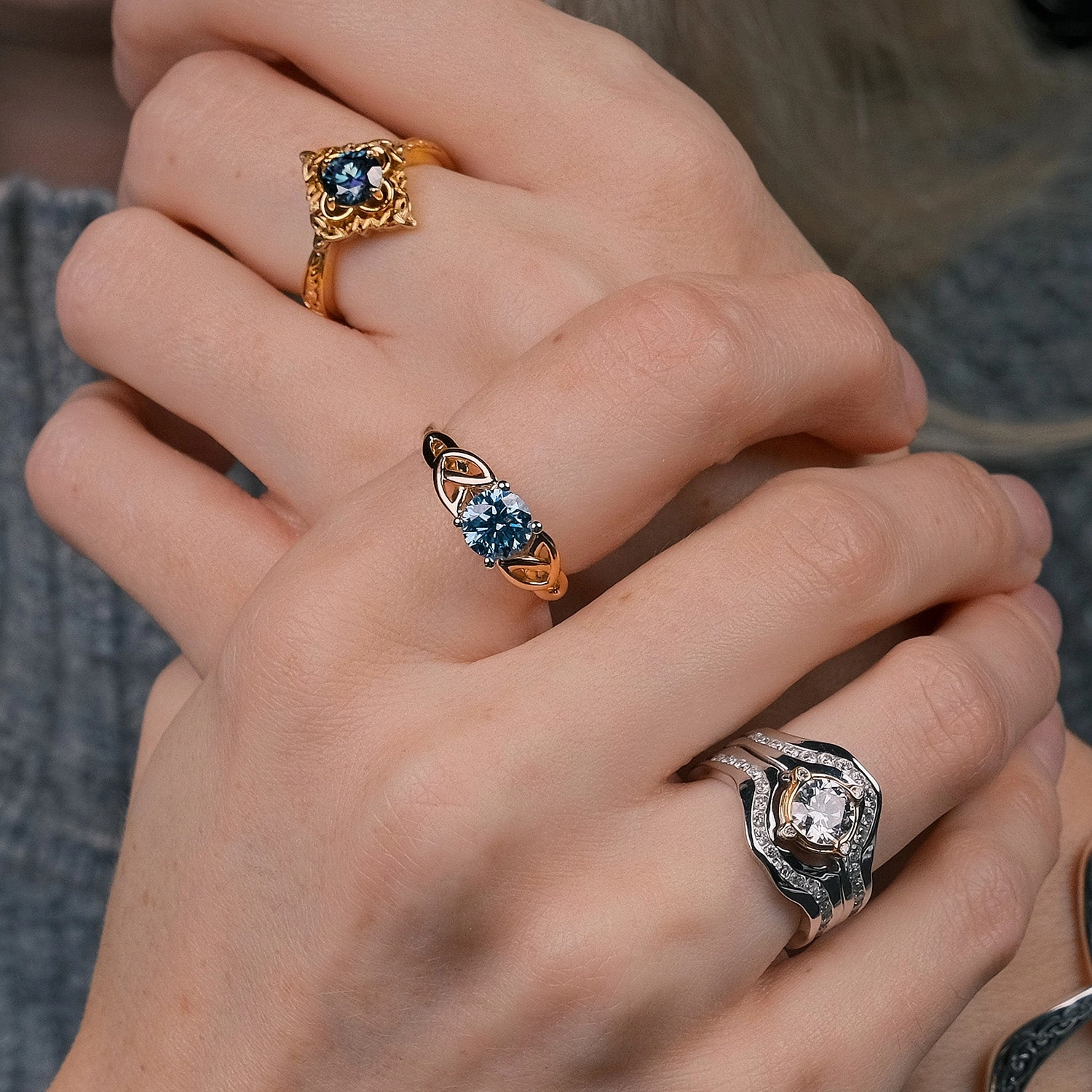 10k Yellow Gold and 1ct Mystic Blue Moissanite Celestial Ring