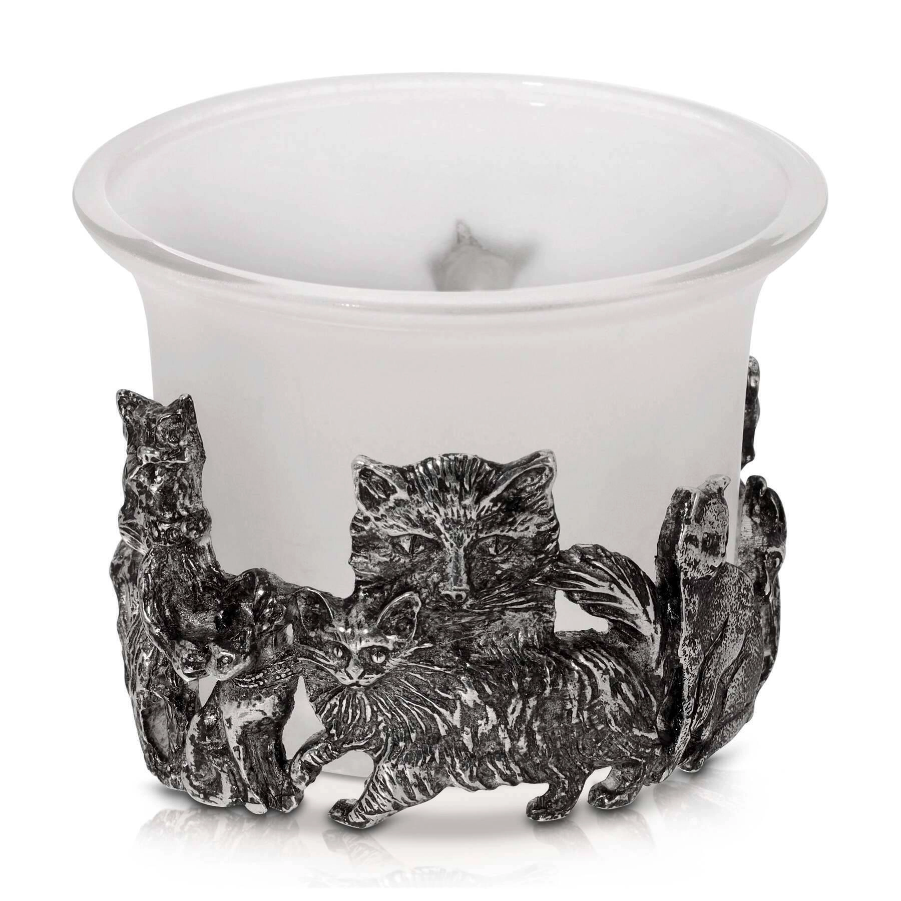 1928 Jewelry Antiqued Cats White Frosted Glass Candle Holder With Tea Light LED