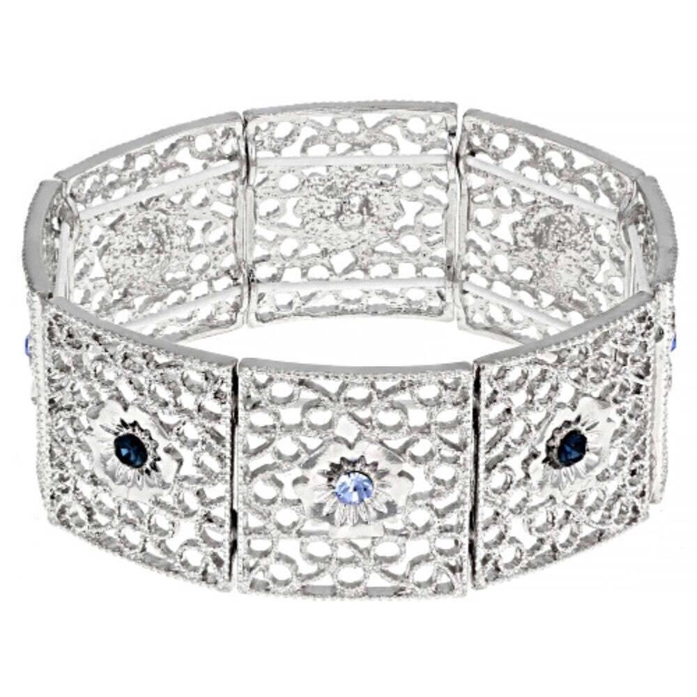 1928 Jewelry Sapphire Blue Crystal Filigree Stretch Bracelet