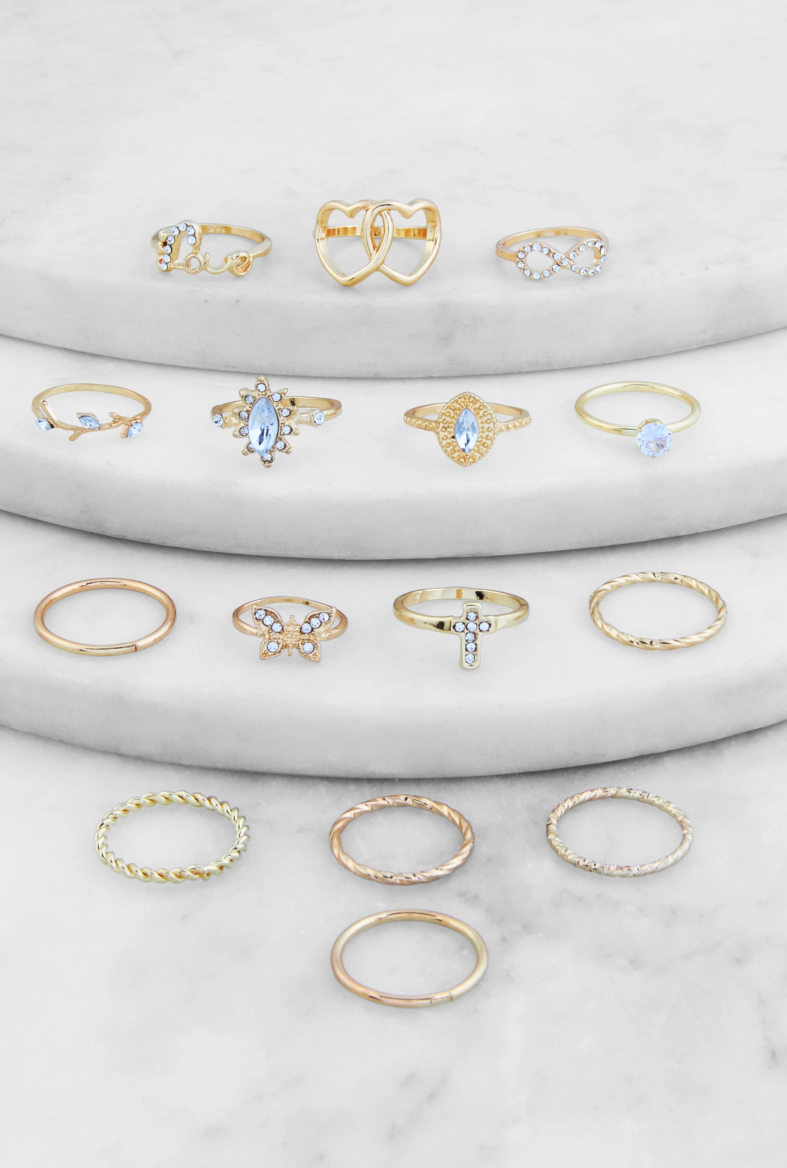 Assorted Cubic Zirconia Metallic Rings Set of 15