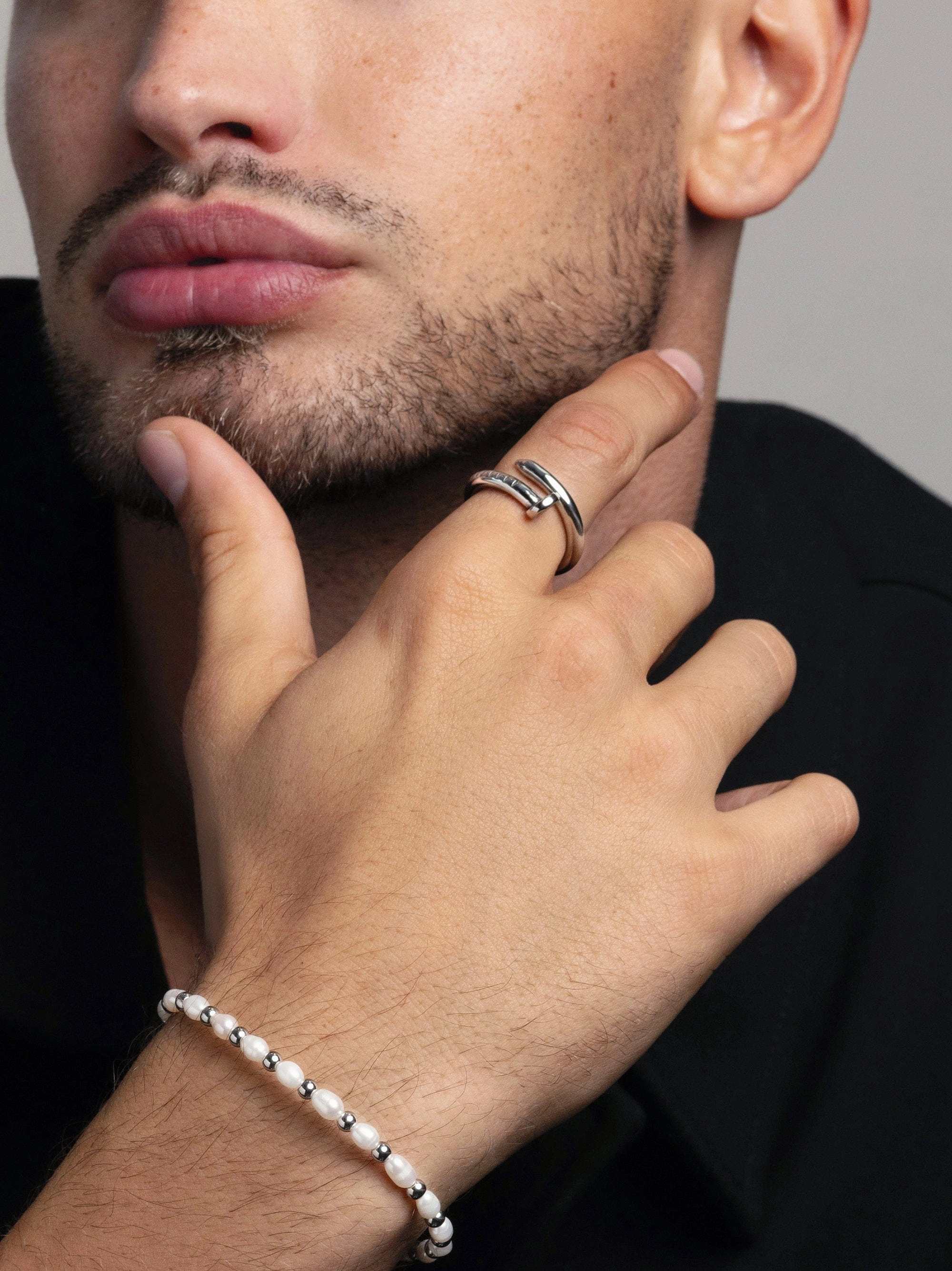 Men's Nail Ring with Dorje Engraving and Silver Finish