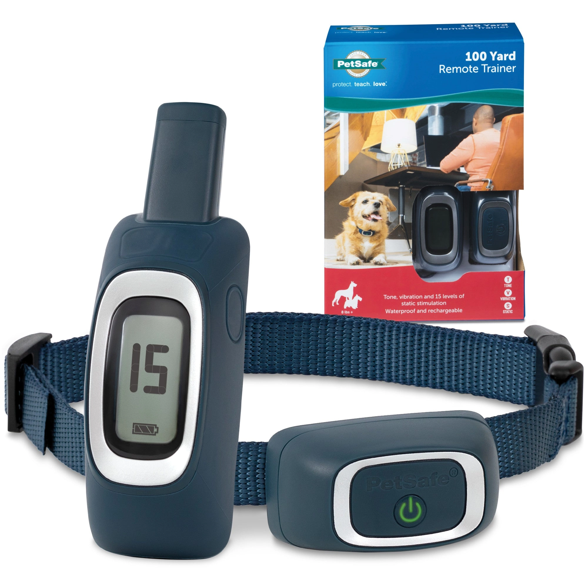 PetSafe Remote Trainer Dog Training Collar - 3 Training Modes: Tone, Vibration, 15 Levels of Static Stimulation, Standard for Dogs over 8lb  - Waterproof, Durable, Rechargeable - 100 Yards (300 Feet)